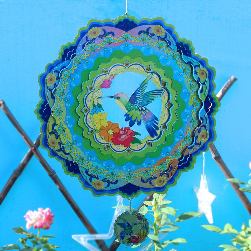 Hummingbird and Flower Wind Spinner, Blue