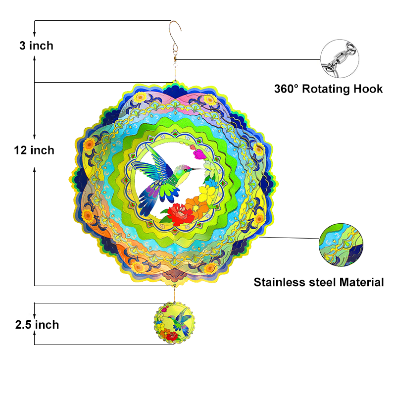 Hummingbird and Flower Wind Spinner, Blue