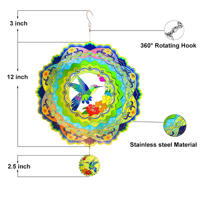 Hummingbird and Flower Wind Spinner, Blue